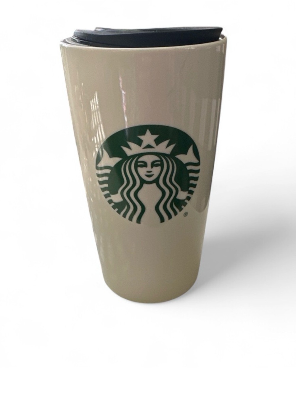Starbucks Cream Tumbler with Green Logo and Black Lid